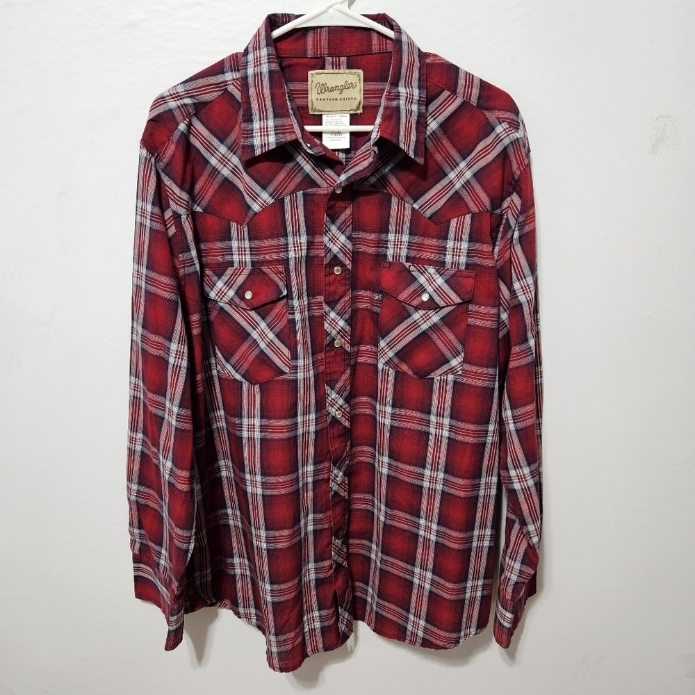 Wrangler Men Size XL Red Plaid Western Pearl Snap Button Long Sleeve Shirt B15